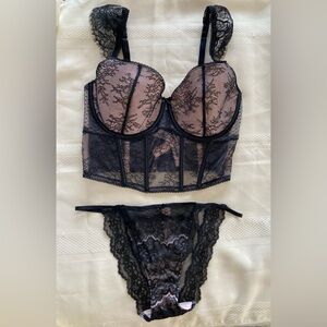 Victoria’s Secret S-DD DREAM ANGELS Corset Top Bra Black Mesh Lace & M Panty Set